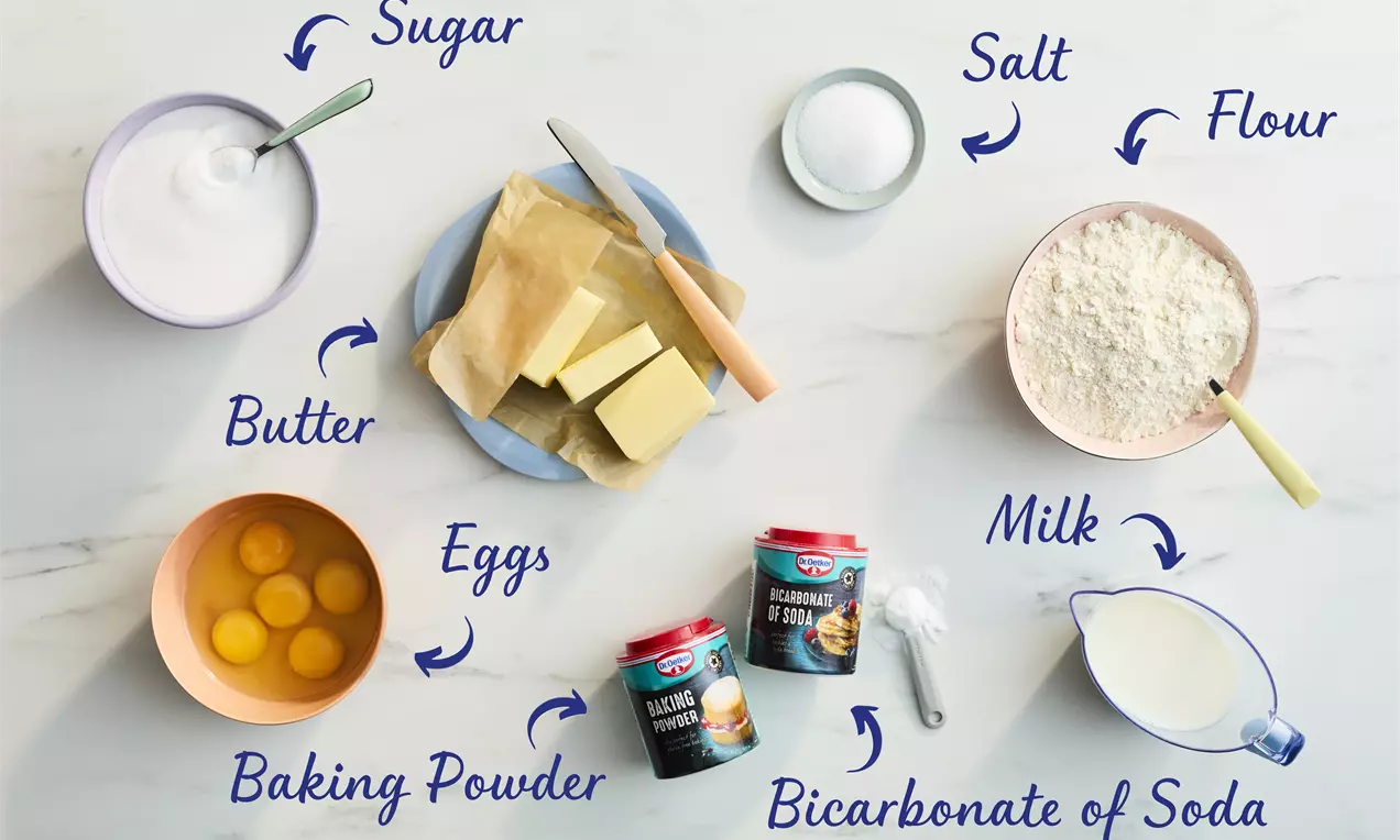 Ingredients arranged on a light surface including pale flour, golden butter cubes, whole eggs, white sugar, milk and labeled baking essentials
